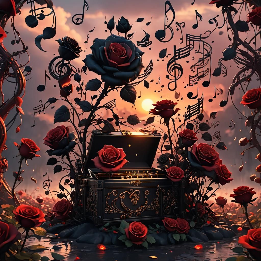 Music Box with Roses at Sunset, Matte Painting