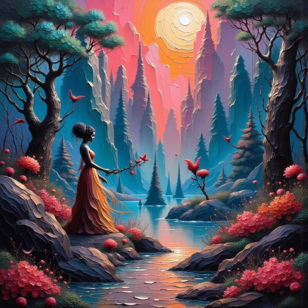 Dreamlike Surreal Landscape in Art Nouveau Style