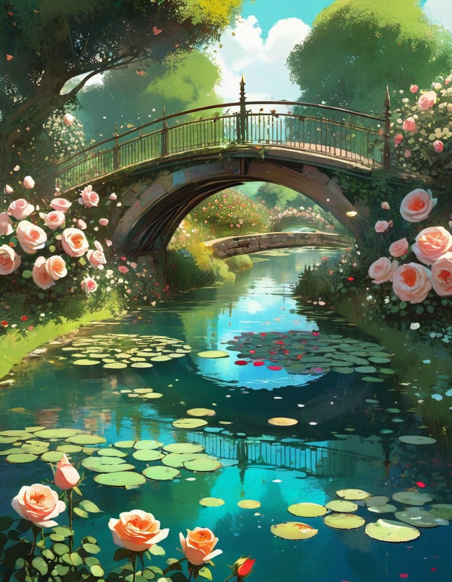 Vibrant English Rose Bridge Over Tranquil Waters