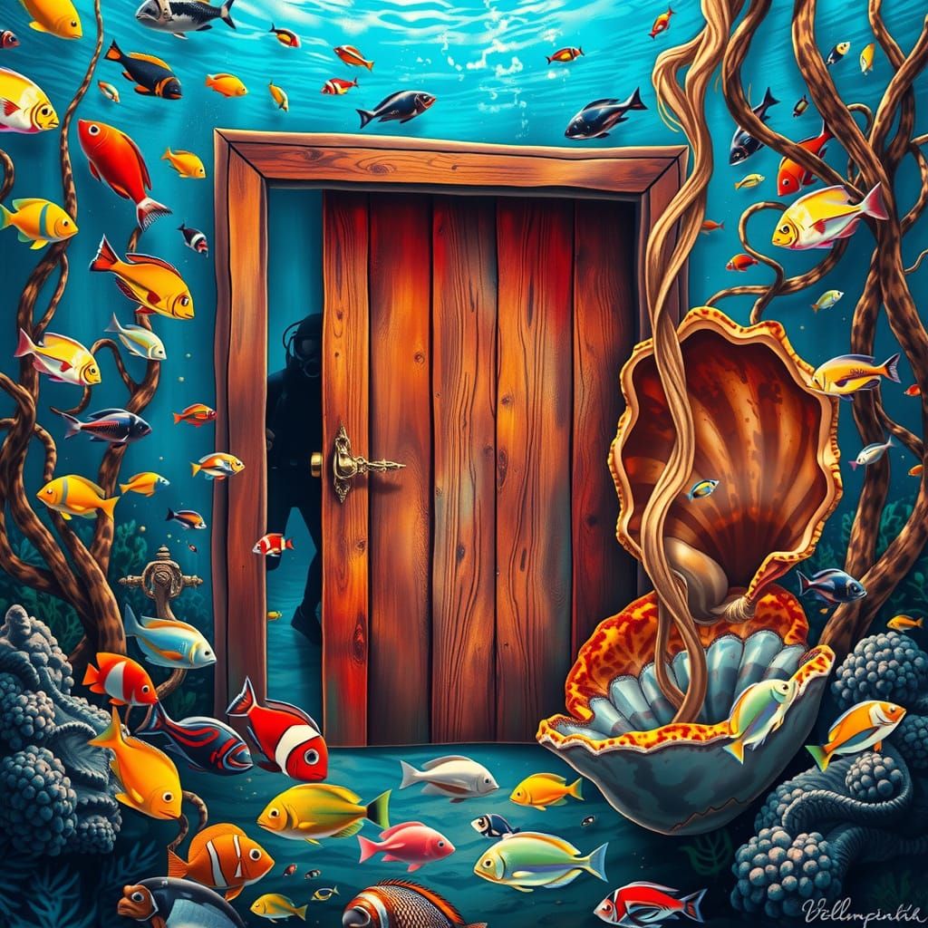 Vibrant Door on Ocean Floor in Alcohol Ink Style