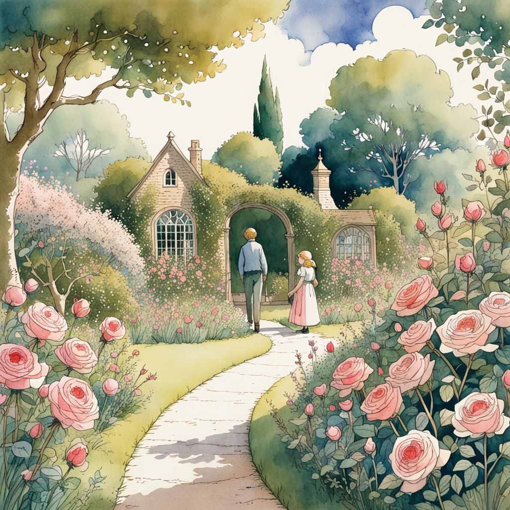 Children in Rose Garden: Watercolor Storybook Illustration