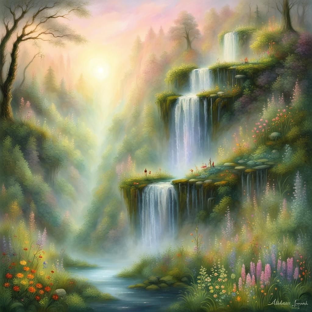 Majestic Waterfall at Dawn in Ethereal Illustration Style
