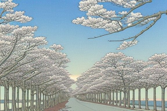 Serene Spring Morning Street Scene in Surreal Style