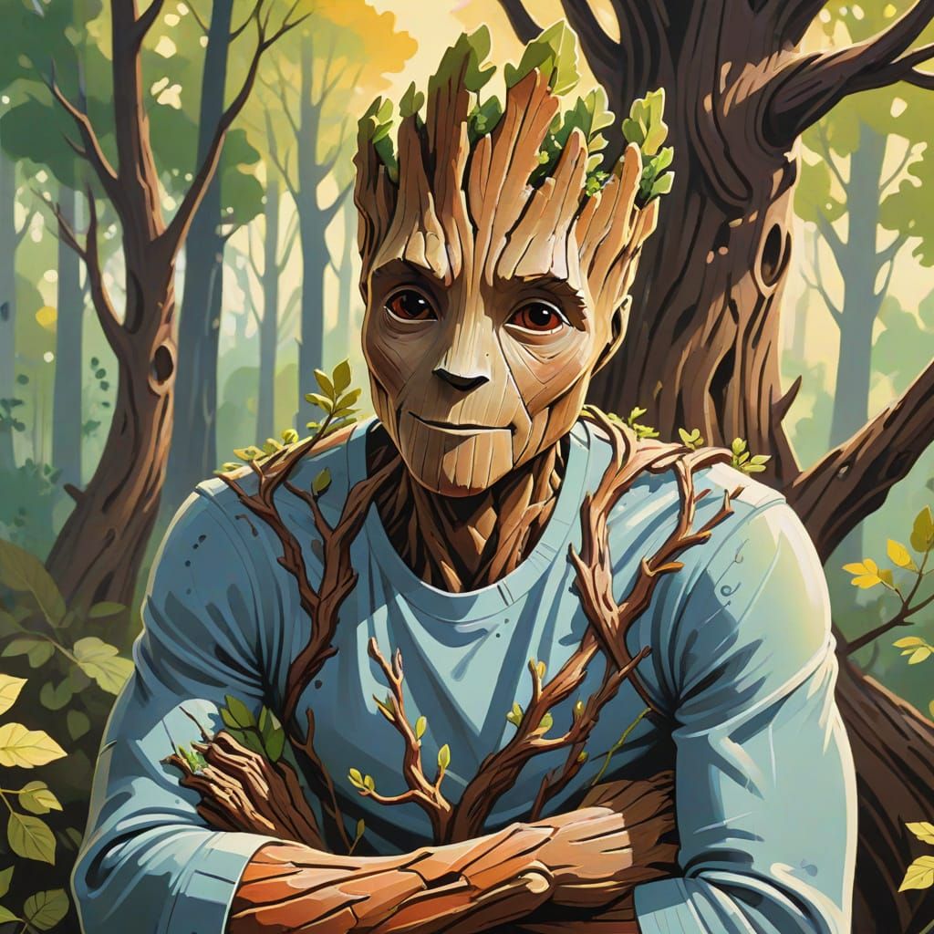 Groot in Forest: Detailed Gouache Fantasy Illustration