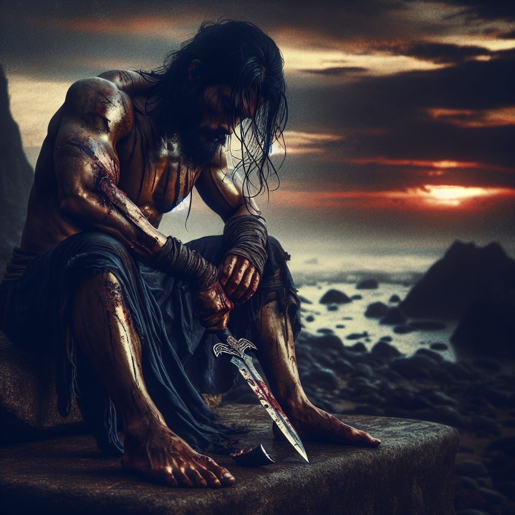 Dark Fantasy Warrior in Gritty Sunset Landscape