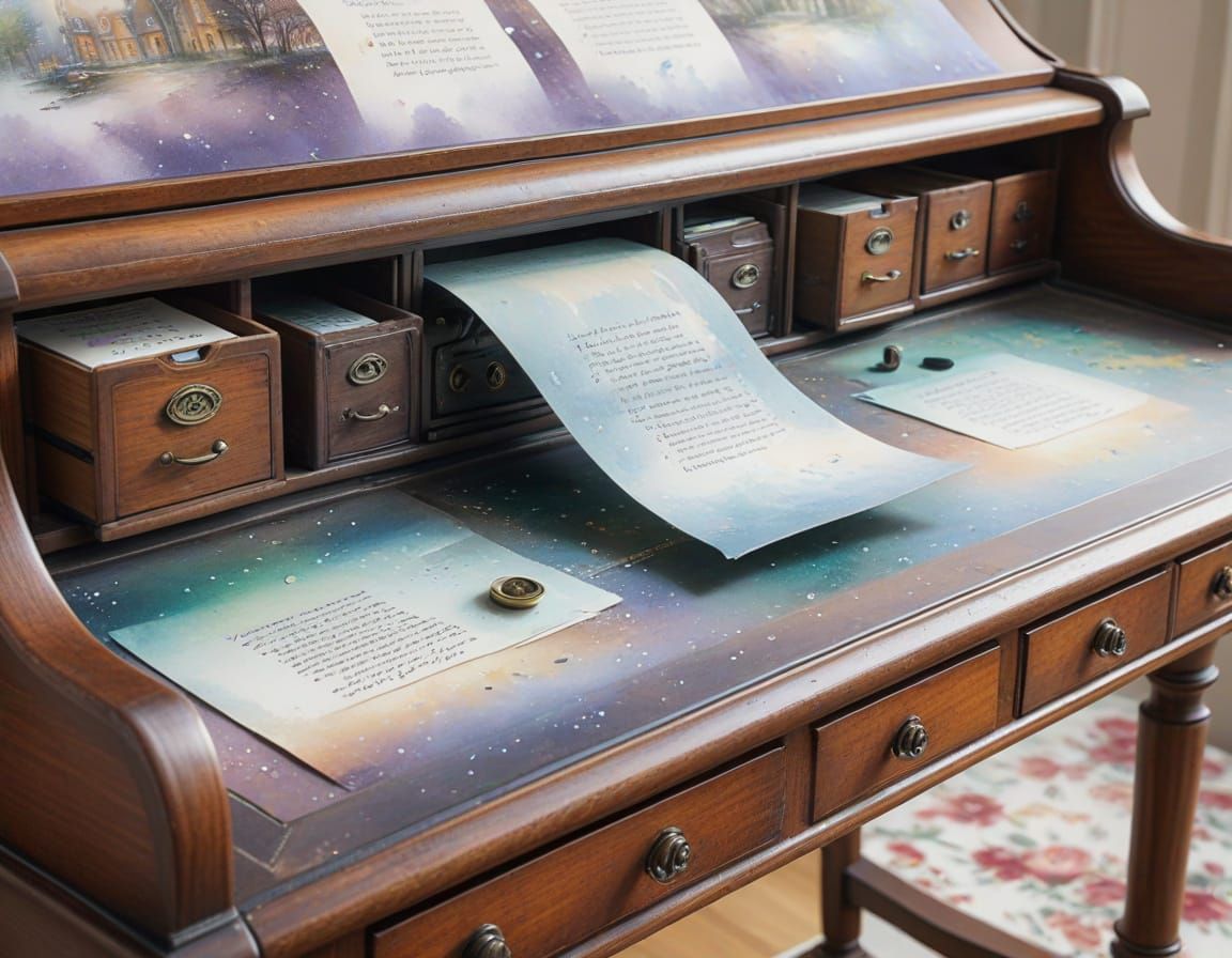 Ethereal Watercolour of an Open Roll-Top Desk