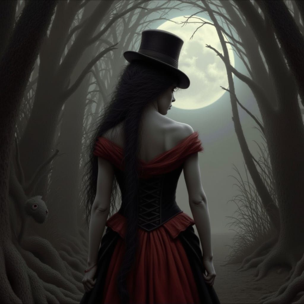 Gothic Woman in Top Hat Walks into Moonlit Forest