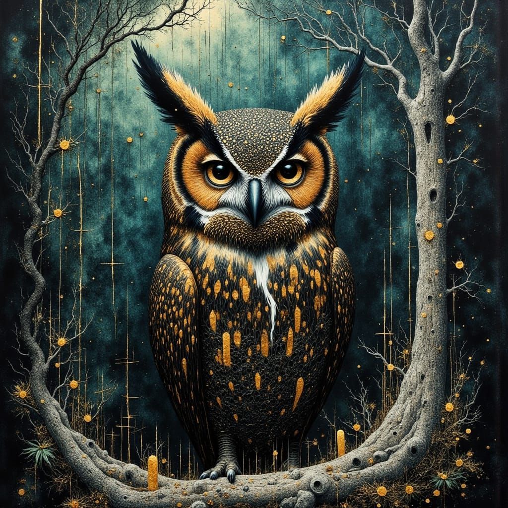 Surreal Gothic Owl in Abstract Graveyard