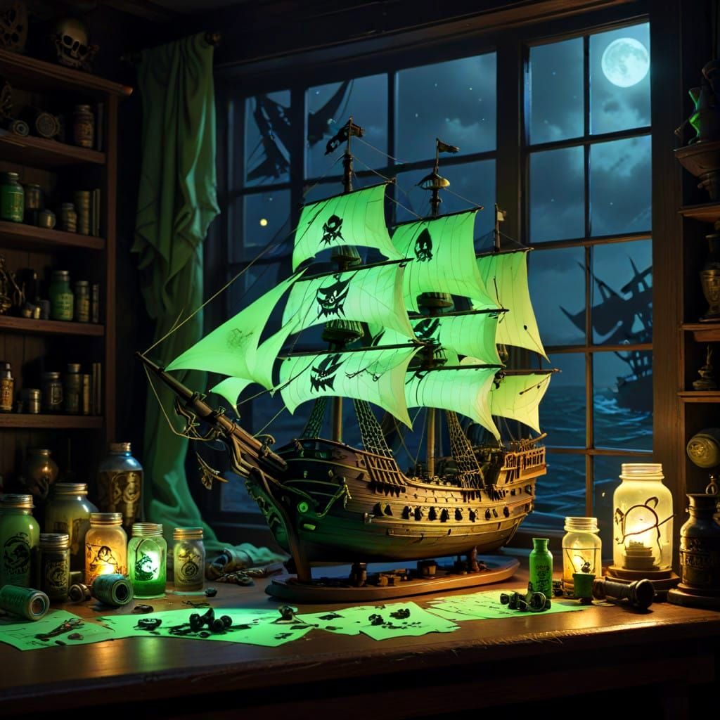 A Jolly Roger Pirate Ghost Ship; Glow-in-the-Dark Scale Mode...