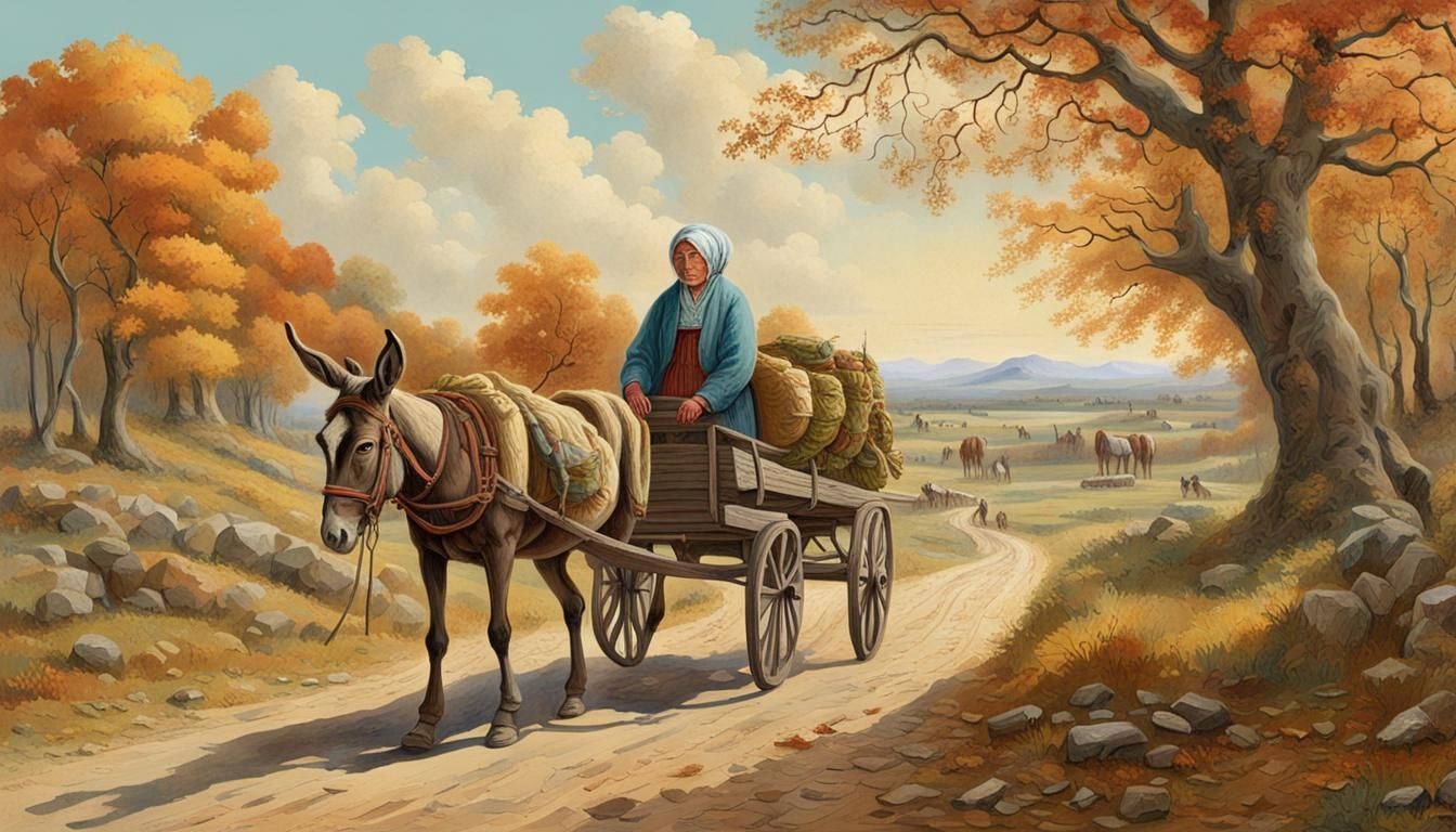 Elderly Peasant Woman and Mule in Autumn Countryside