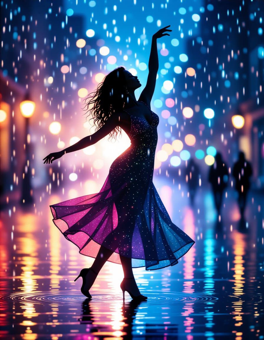 Pointillist Woman Dancing in Shimmering Rain