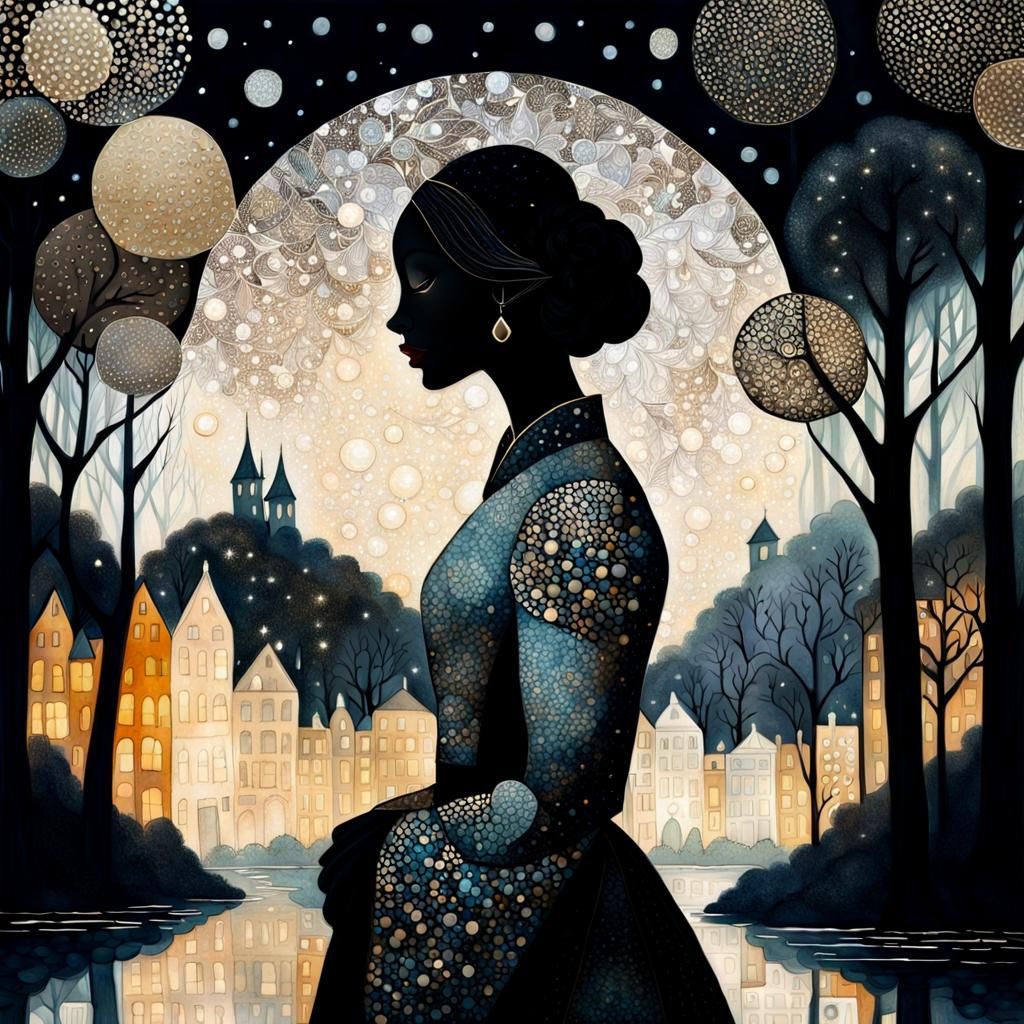 Woman's Portrait in Dreamy Cubist Cityscape