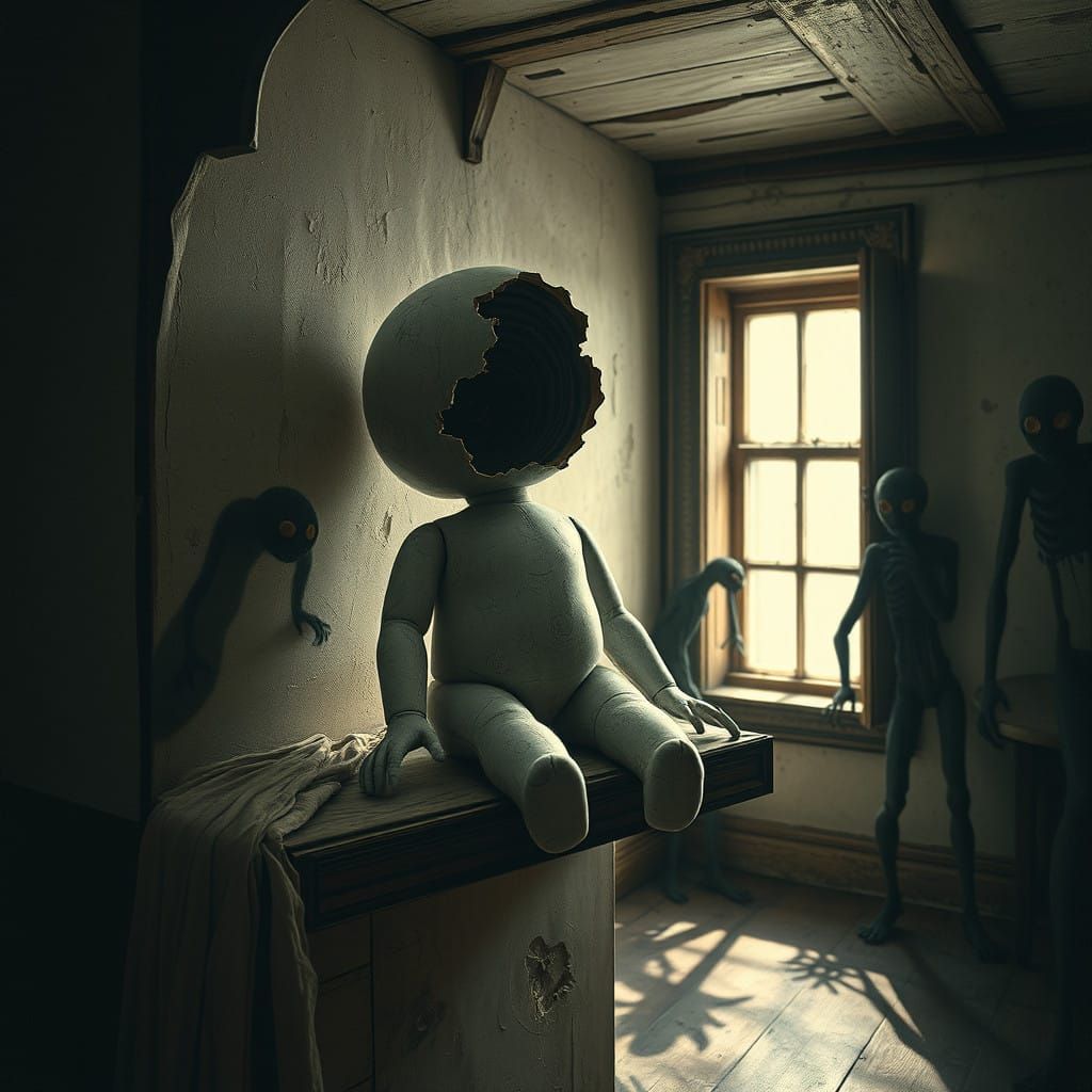 Surreal Attic Scene with Fragmented Doll and Creeping Shadow...