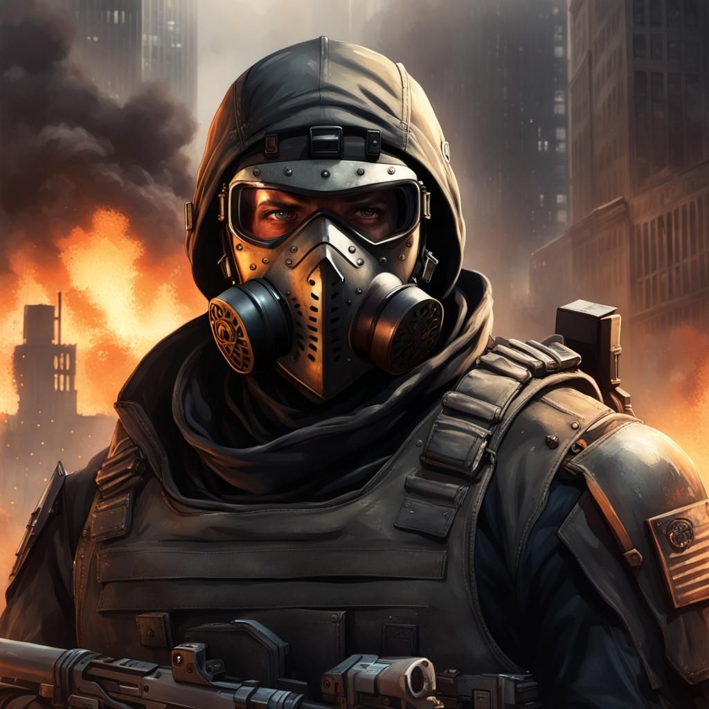 Armored Contractors in Scorched City, Hyperdetailed Portrait