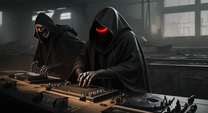 Cyberpunk Warrior Plays Keyboard in Abandoned Post-Apocalypt...