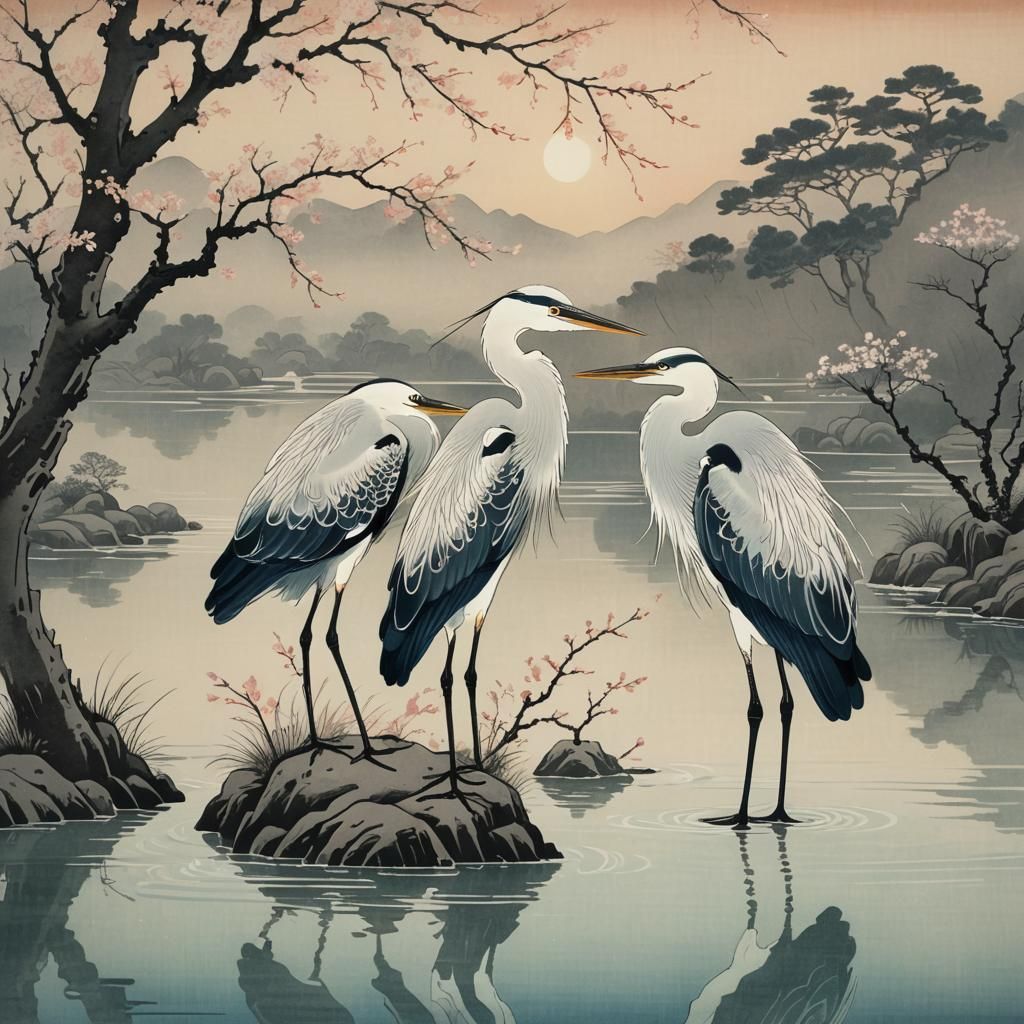 Herons by Misty Water in Ukiyo-e Style