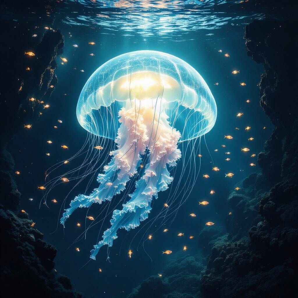 Bioluminescent Jellyfish Drifting Through Underwater Canyon