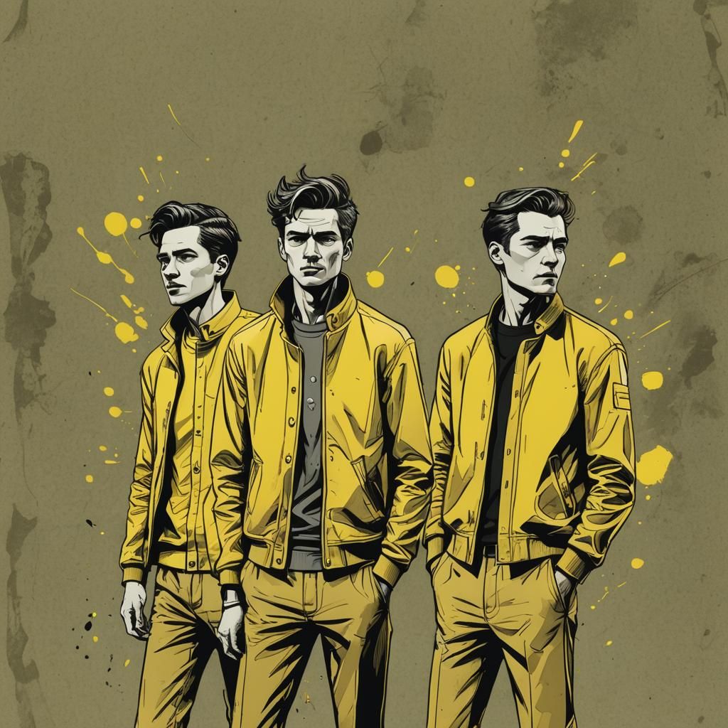Three Men in Yellow Outfits: Stylized Illustration