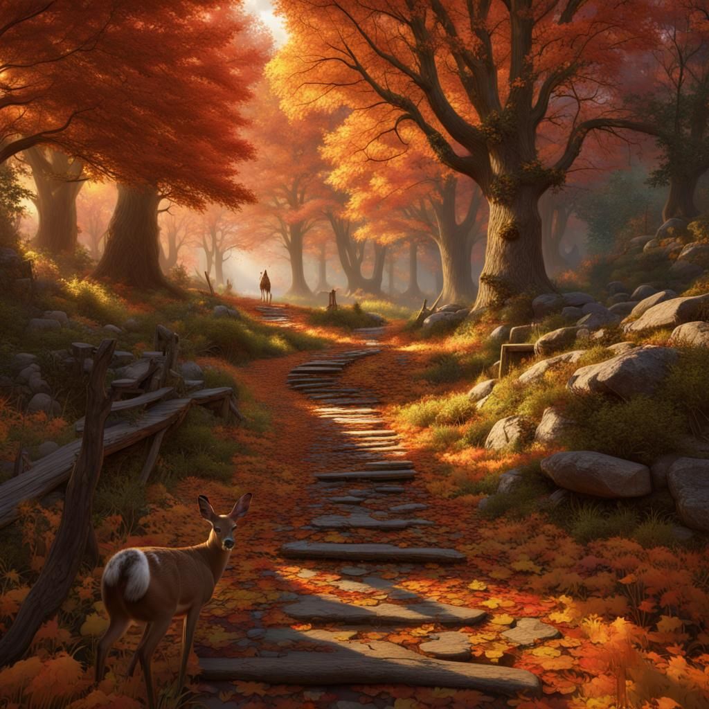 Autumnal Woodland Scene with Deer and Rabbit