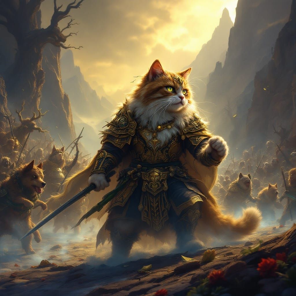 Cat Leads Army for Pickle in Matte Painting Style