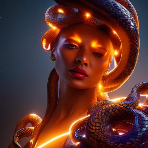 Gorgon Portrait with Snakes and Glowing Lights