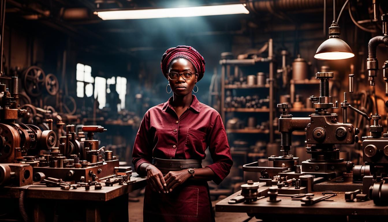 African Engineer in Workshop: Cinematic Oil Painting