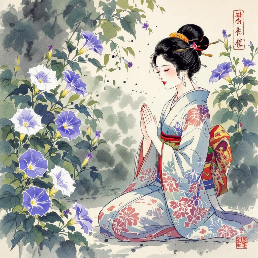 Woman Praying Surrounded by Morning Glories in Ukiyo-e Style