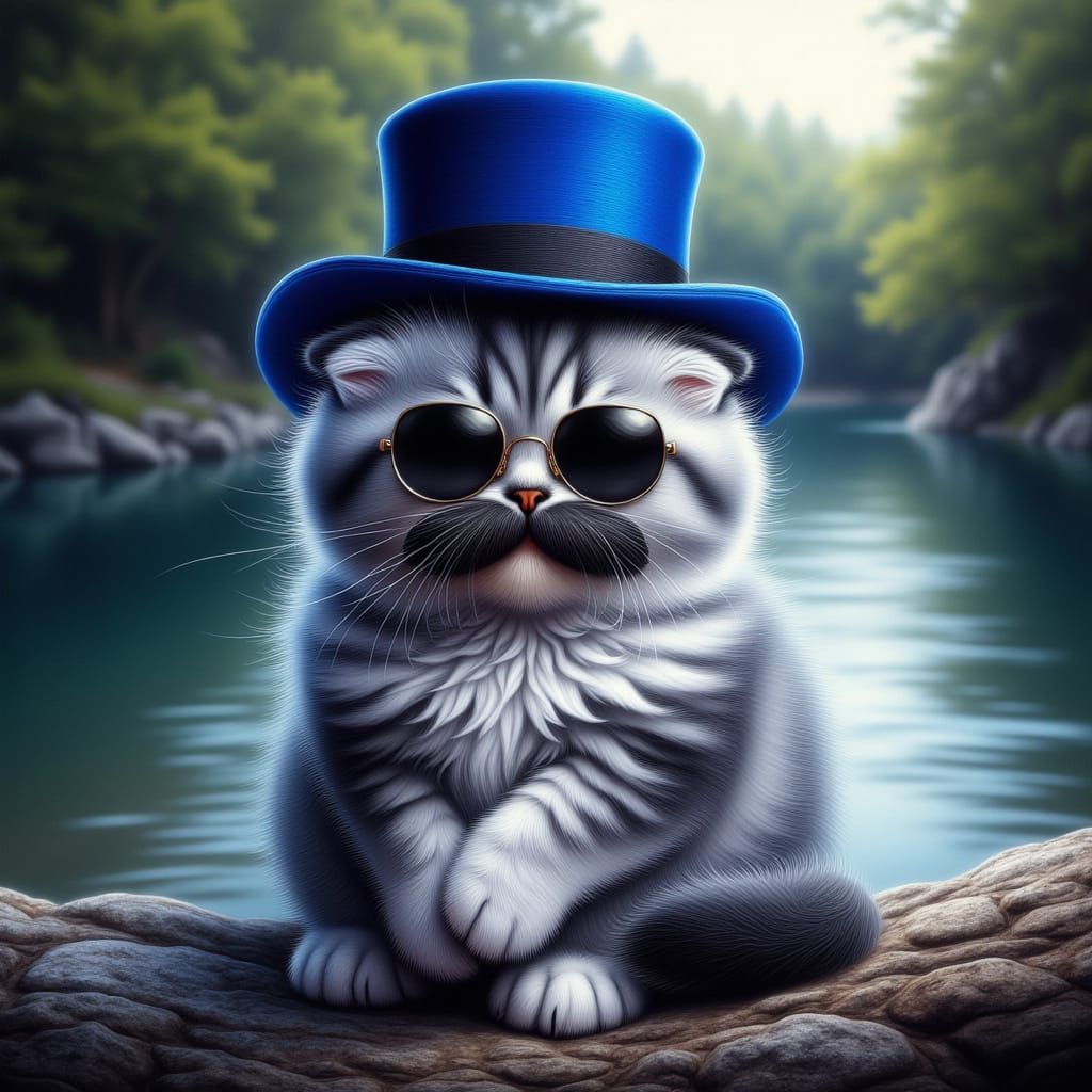 Scottish Fold Kitten in Top Hat and Moustache by River