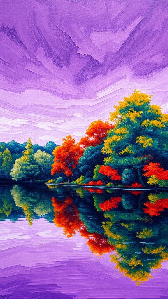 Neo-Impressionist Lake Scenery with Plum-Purple Sky