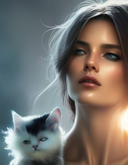 Beautiful Woman and Cat in Watercolor Style