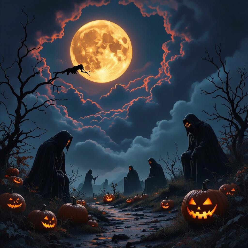 Hyperrealistic Halloween Scene with Creatures in Matte Paint...