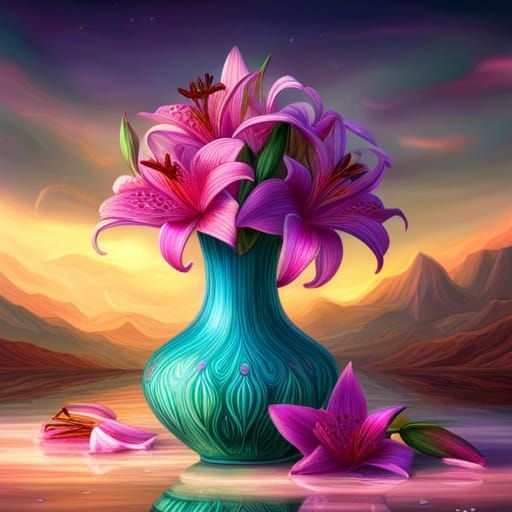 Purple Lilies in a Turquoise Vase