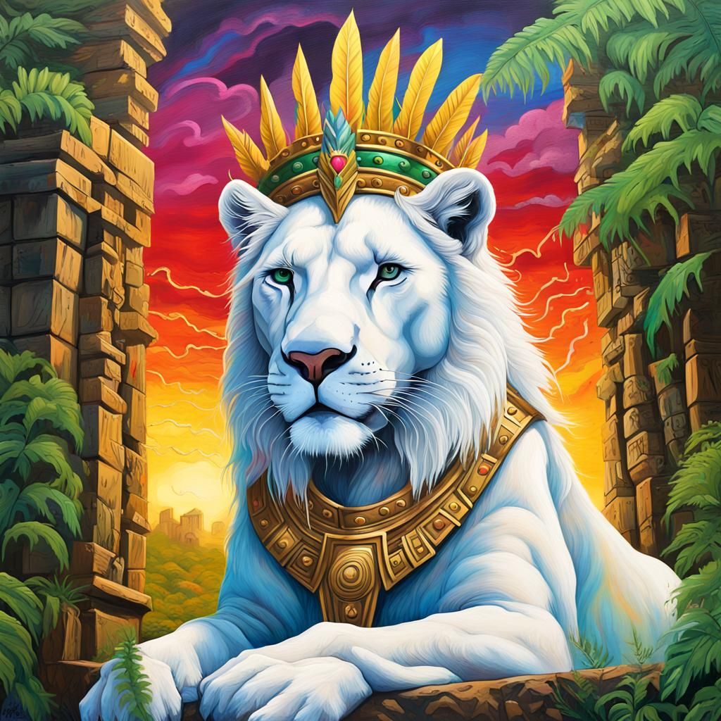 White Lioness Queen on Golden Throne in Graffiti Art