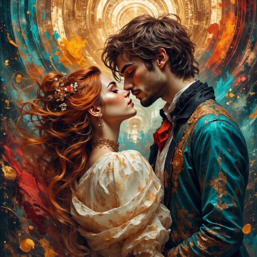 Two Men Embracing in Dreamscape Art Nouveau Style