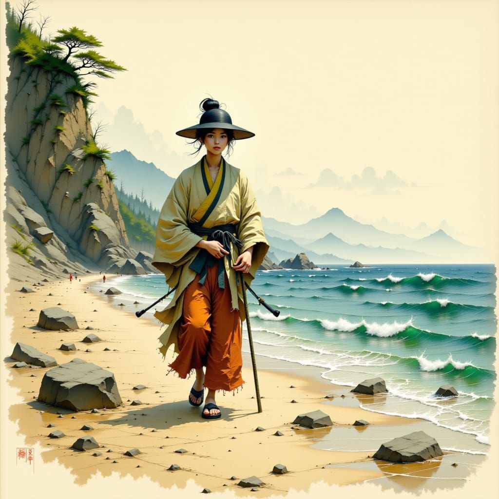 Ohenro-san Pilgrim Walks Japanese Coastline in Traditional S...