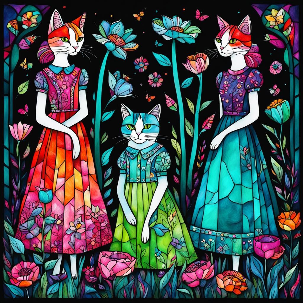 Colorful Naivist Cats in Stained Glass Style