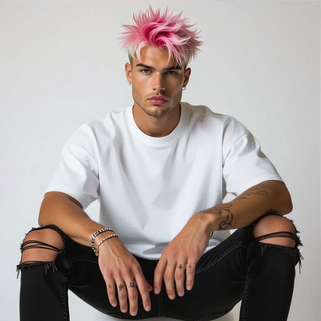 Male Model with Pink Wolfcut in Studio Portrait