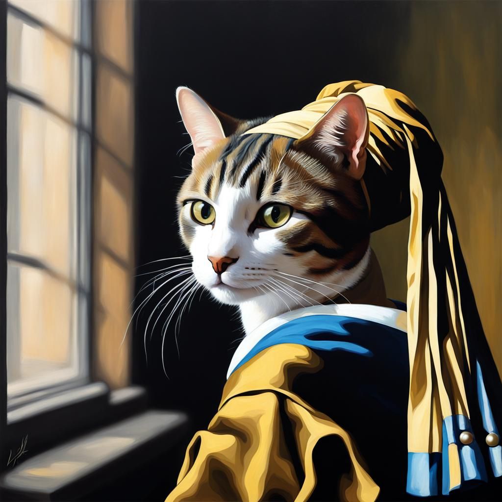 Cat with Pearl Earring in Vermeer Style