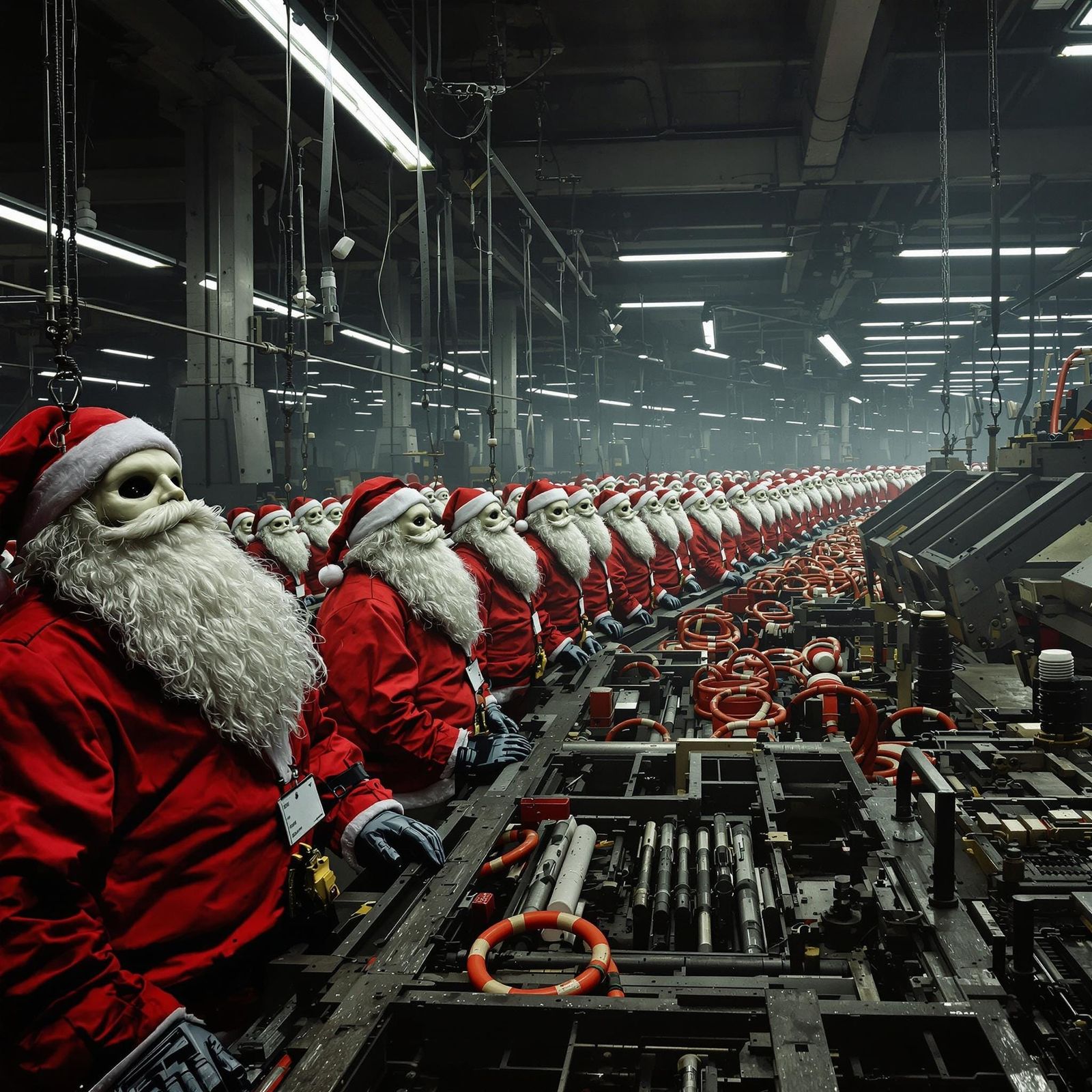 A factory churns out fake Santa Clauses for Christmas, dystopian, detailed, simple colors, harsh lighting