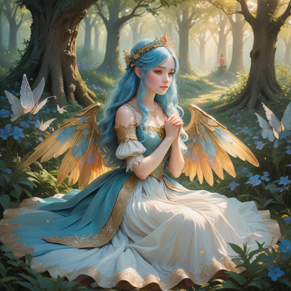 Whimsical Princess in Sunlit Fantasy Forest