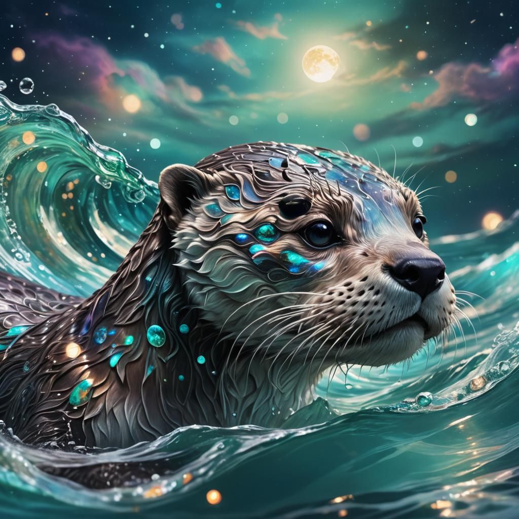 Opal Otter Swimming Under a Full Moon