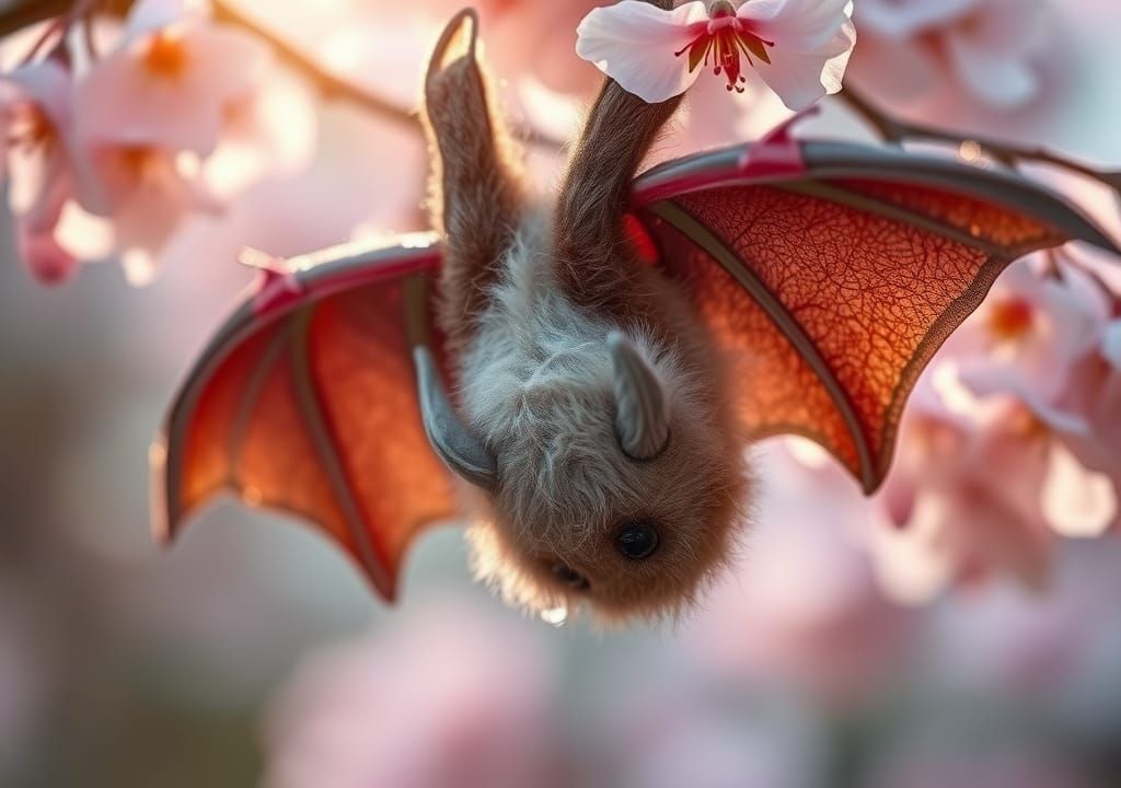 Fluffy Wooly Bat with Dew Drops on Cherry Branch