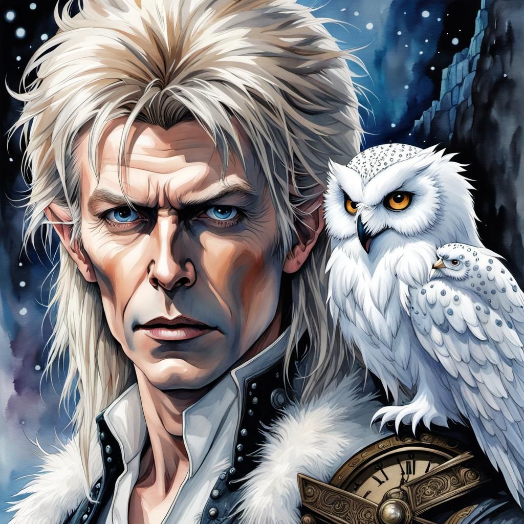 David Bowies as the Goblin King from the movie Labyrinth with a white snow owl flying in background, clocks in backgroun...