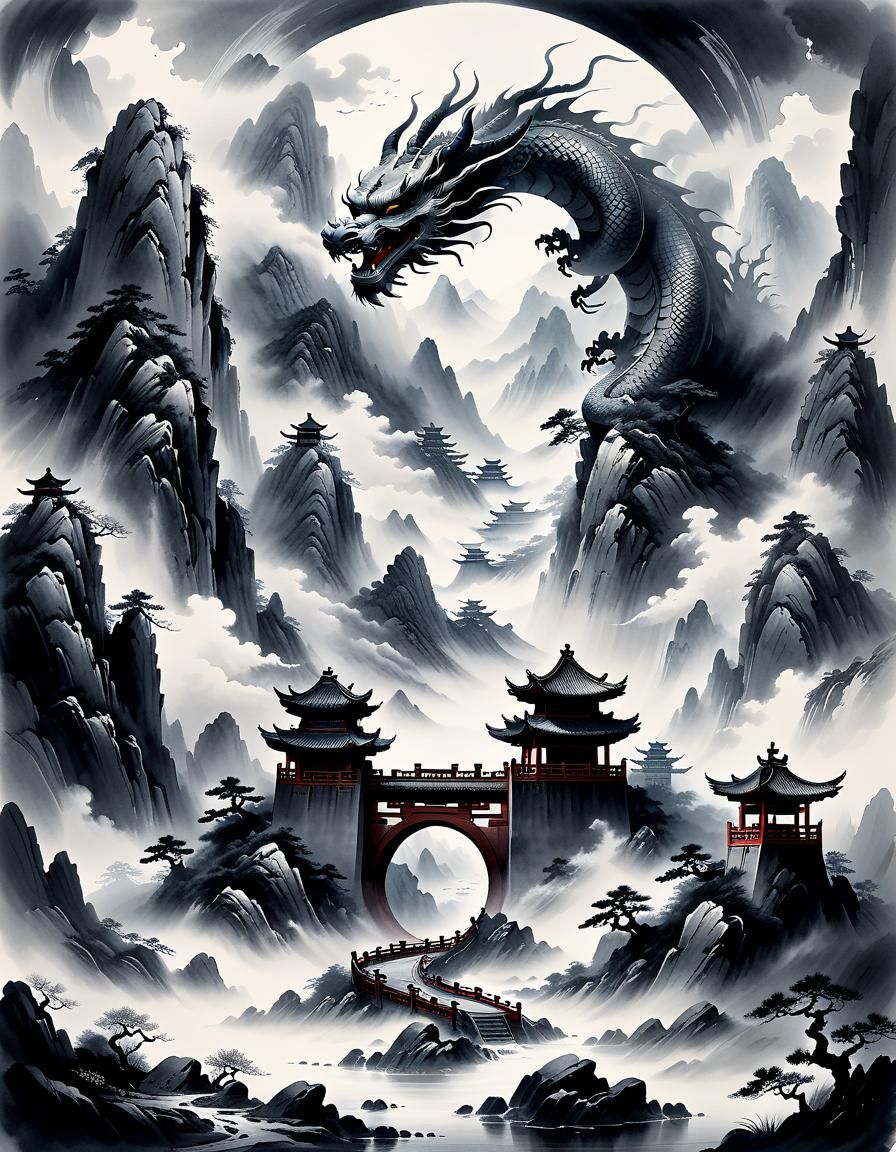 Surreal Chinese Mountain Landscape with Dragon Portal