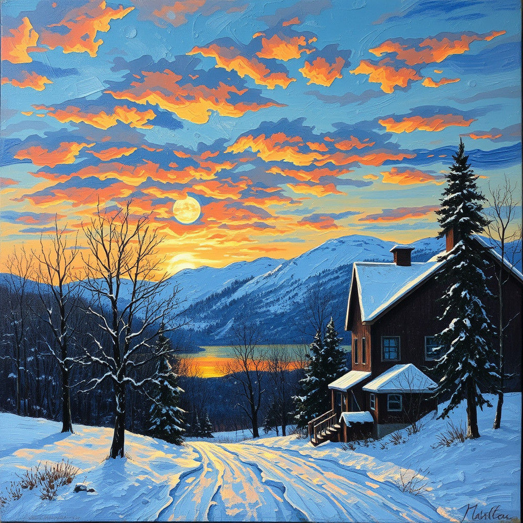 Winter Sunset Impasto Painting