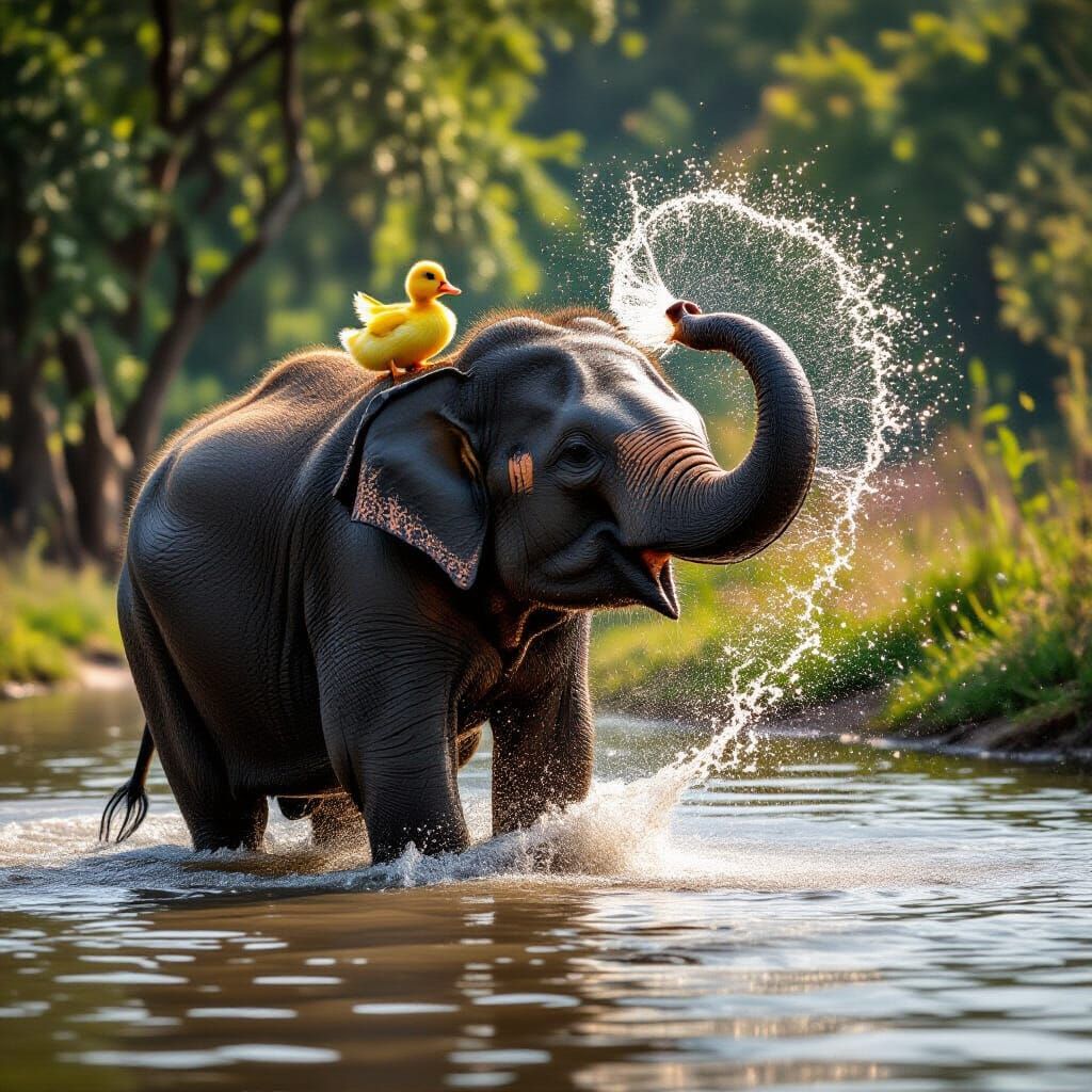 Elephant Sprays Water with Duckling Rider