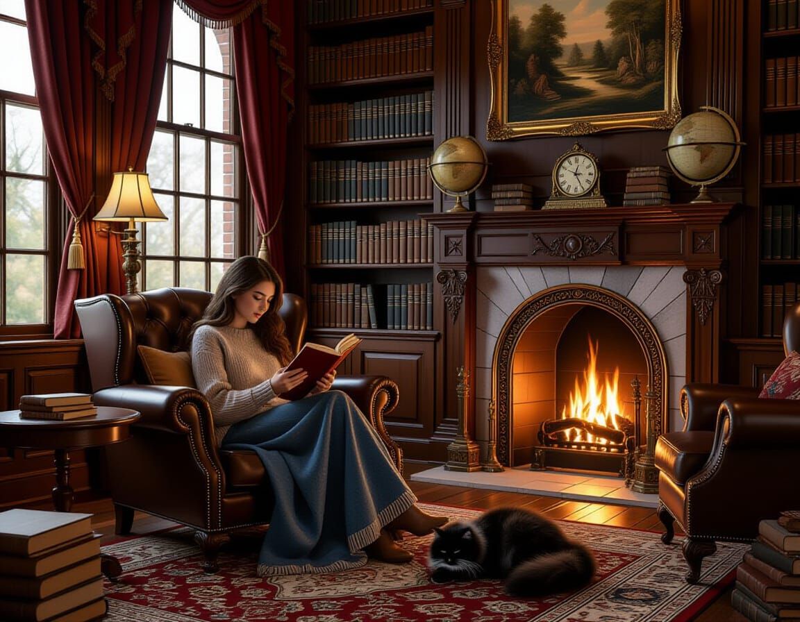 Cozy Library Scene in Hyperrealistic Digital Painting