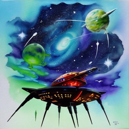 Spaceship Approaches Twin World in Alcohol Ink Style