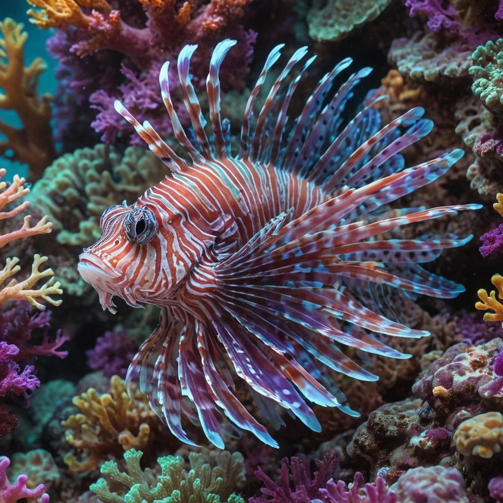 Pink Lionfish Swimming in Coral Reef: Digital Art