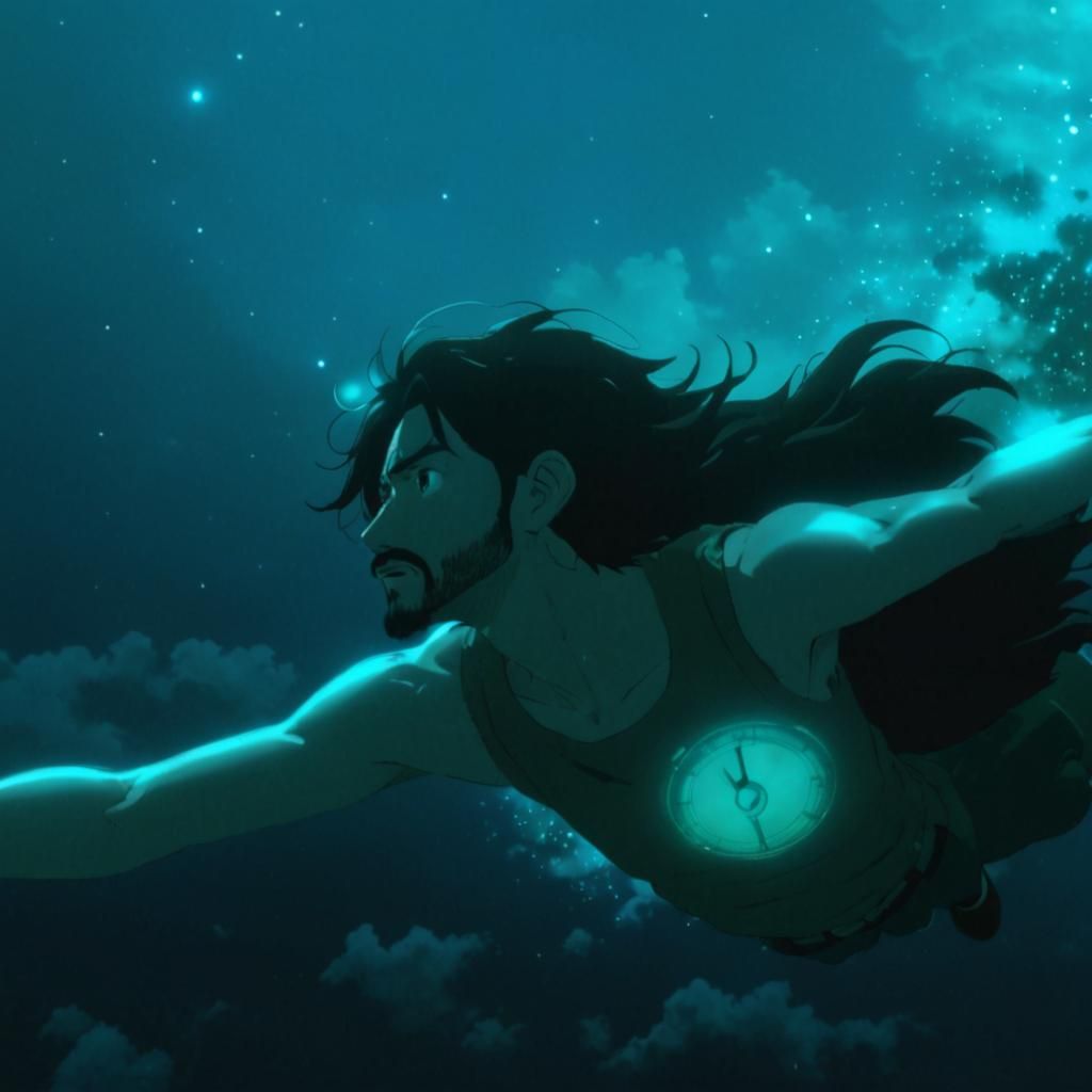 Anime Man Falling Through a Ghibli-Inspired Sky